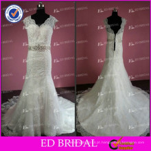 ED Real Sample White Crystal Beaded Waist Cap Sleeve Lace Vestido de casamento Appliqued